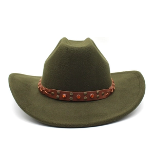 Chapeau de cowboy en laine vert foncé avec bande en cuir tressé et pierres d'ambre décoratives