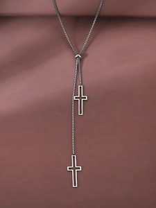 Detail of silver Y-shaped adjustable titanium steel necklace with hollow cross pendants