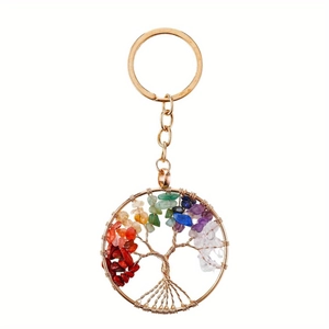 Porte-clés Arbre de Vie doré orné de pierres de cristal colorées aux 7 chakras