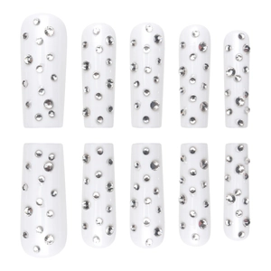 White coffin press-on nails set with sparkling rhinestones for minimalist nail art