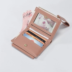 Pink minimalist trifold women's wallet with multi-card slots and zippered coin pouch