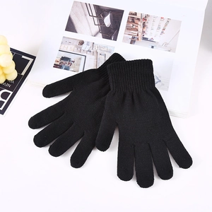 Detailed close-up of knit texture and elastic ribbed cuffs on warm black winter gloves
