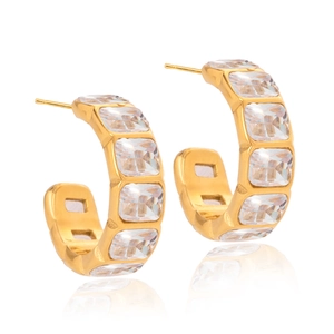Macro detail of 18k gold plated hoop earrings with rectangular zircon stones
