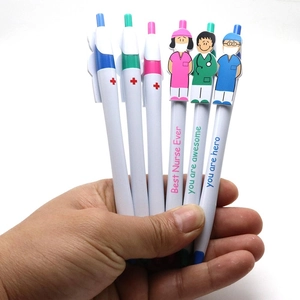 Detailed view of 6 nurse themed cartoon pens with inspirational quotes in hand