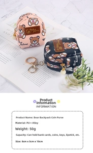 Close-up of mini bear backpack coin purse with pearl charm and smooth alloy zipper