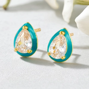 S925 sterling silver drop earrings with green enamel and crystal in gold finish