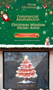Detail of UV window sticker showing a red hand-drawn Christmas tree on a glass door