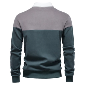 Back view of gray and dark teal color-block long sleeve polo shirt with white collar