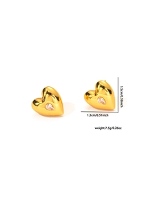Detailed view of gold heart earrings featuring sparkling teardrop zircon with dimensions