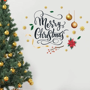 Stickers muraux de Noël avec lettrage Merry Christmas, flocons dorés et fleurs de poinsettia