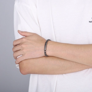 Industrial style dark gray stainless steel square link chain bracelet for men on wrist