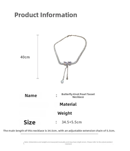Detail view of bowknot pearl tassel necklace with copper and zircon specifications
