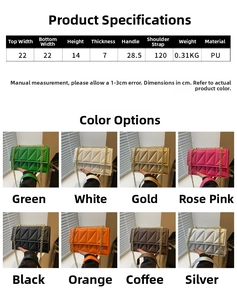 Detailed size chart and dimensions for the quilted PU leather chain crossbody bag