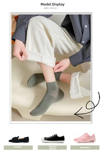 Model display of dark green ribbed cotton socks paired with various shoe styles