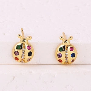 Gold-plated ladybug stud earrings set with colorful cubic zirconia and micro-inlaid stones