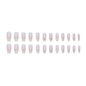 French style long ballet press-on nails with pink base, white tips, and pearl heart charms