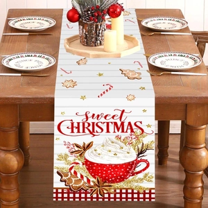 Christmas Table Runner Polyester Gingerbread Man Coffee Mug Print Holiday Party Home Dining Decor Wood Grain Style