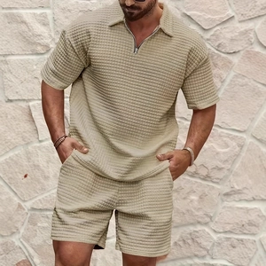 Men's summer two-piece waffle knit set with zip Polo and shorts in beige