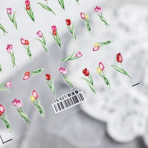 Thin transparent tulip nail art sticker TS-627 with red and pink floral designs