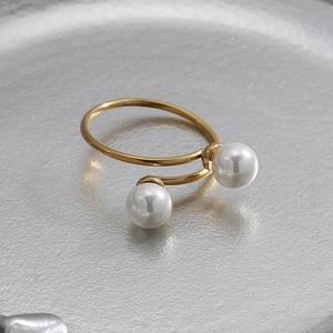 Double Artificial Pearl Open Ring Stainless Steel Gold Plated Adjustable Minimalist Jewelry For Women