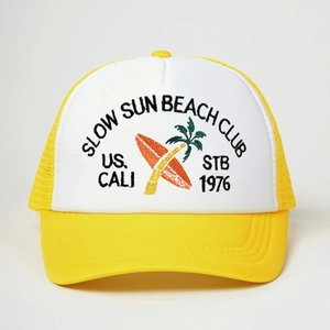 Adjustable yellow and white trucker hat with SLOW SUN BEACH CLUB retro embroidery