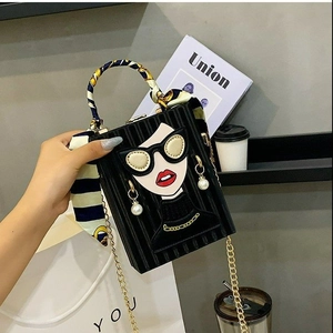 Retro graffiti box evening bag with cartoon face collage and pearl chain strap
