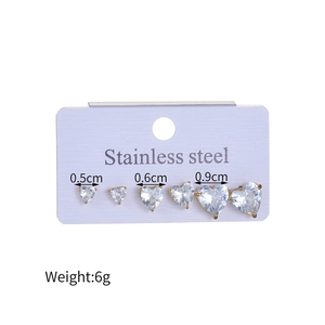Three-piece gold stainless steel heart-shaped zircon stud earrings in 0.5, 0.6, and 0.9 cm sizes