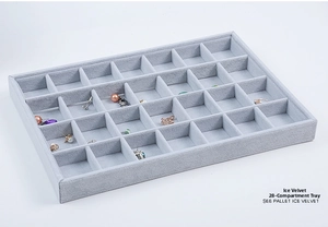 Gray ice velvet jewelry display tray with 28 compartments for rings and earrings