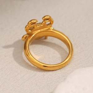 Detailed macro view of 18K gold plated stainless steel crab ring on stone surface