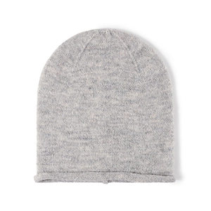 Classic light grey knit beanie with rolled cuff and soft wool blend texture