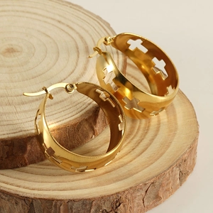 Polished 18K gold plated stainless steel hoop earrings with hollow cross patterns