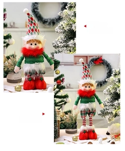 Detail of retractable Christmas elf plush showing short and long leg adjustment states