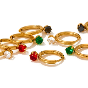 Vintage stainless steel hoop earrings with colorful zircon pendants on white background