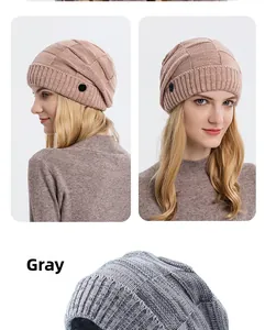 Detailed knit texture and decorative side buttons on winter beanies for women