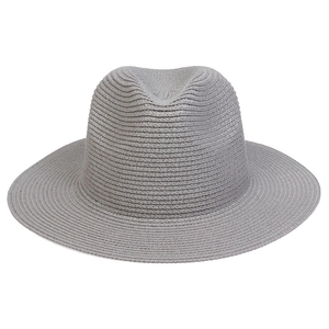 Detail of grey straw fedora hat featuring classic woven texture and wide brim for sun protection