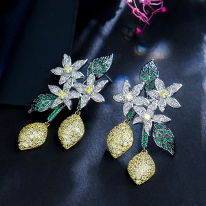 Exquisite lemon and flower drop earrings with zircon crystals and s925 silver needles