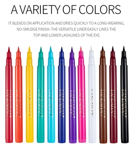 Detailed set of 12 waterproof colorful liquid eyeliners on a clean white backdrop