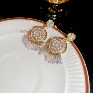 Bohemian gold round earrings with colorful rhinestones and waterdrop crystal pendants