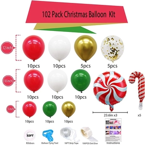 Detailed breakdown of 102pcs Christmas balloon arch kit with sizes and accessories
