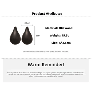 Detailed view of wood waterdrop earrings with silver needles showing size 6x3.6cm