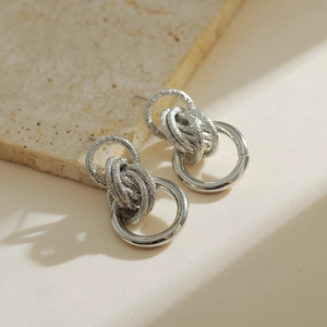 18K gold plated multilayer geometric earrings with polished and frosted silver rings