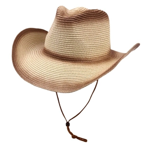 Handwoven western straw cowboy hat with mixed color gradient and adjustable chin strap