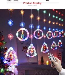 Detailed view of LED Christmas curtain lights with snowflake pendants and remote control