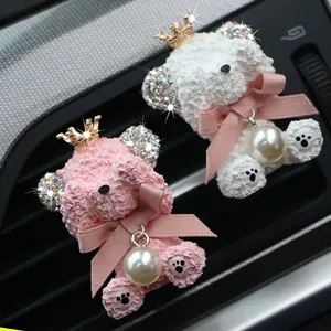 Car Air Vent Aromatherapy Rhinestone Teddy Bear Plaster Diffuser With Crown Ribbon Artificial Pearl Interior Decoration Gift
