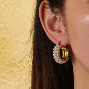 French vintage style gold plated hoop earrings with three rows of white pearls for women
