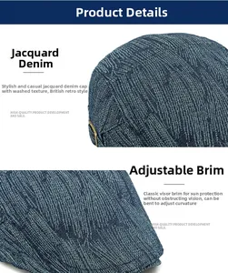Detail of vintage washed denim jacquard ivy cap showing fabric texture and curved brim