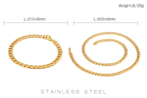 Detailed view of 6mm gold stainless steel Cuban link chain necklace and bracelet dimensions