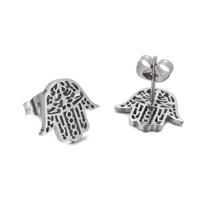 Titanium steel Hamsa Hand stud earrings with hollow design and silver polished finish