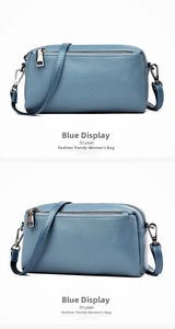 Detail shot of blue leather texture and double silver zipper closures on the crossbody bag