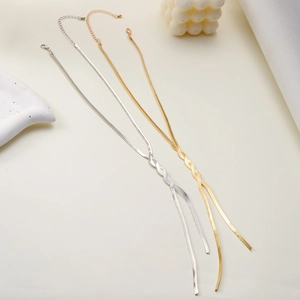 Minimalist gold and silver flat snake bone chain necklaces with adjustable clasp